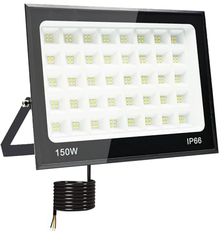 LED-spotlight för utomhusbruk 150 W Tkdaksy 2 m kabel 6500 K kall vit 15000 lm Le d strålkastare LED strålkastare utomhus IP66 vattentät, för trädgårdar, terrasser, innergårdar, balkonger, parker
