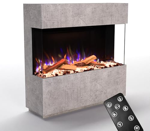 GLOW FIRE Kaminofen PR15 mit realistischem 3D E-Motion LED-Feuer - Stand-Elektrokamin mit Heizung und Kaminfeuer, Knistereffekt & Timer, max. 1500 W, 130x85,3x40cm, Beton