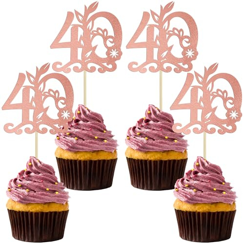 Gyufise 24Pcs Happy 40th Birthday Cupcake Toppers 40 Fabulous Cake Topper Cheers to 40 Cake Decoration for 40th Birthday Anniversary Party Decoration Supplies Rose Gold
