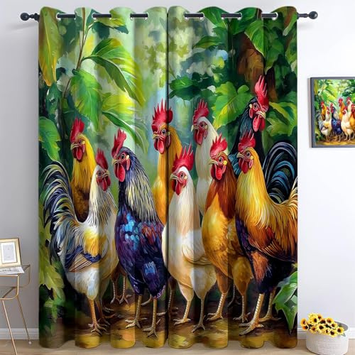 Générique Rideau Occultant 3D Impression Peinture À l'huile Poulets Rideaux Salon Isolant Anti Froid Polyester L 140 X H 260 cm (2 Panneaux) Rideaux De pour Chambre Décoration