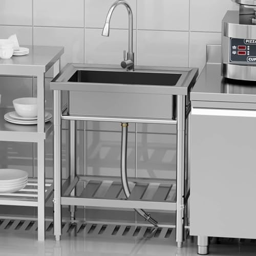Kitchen Sink Freestanding Stainless Steel Sink Set Washbasin With Bowl Tap, Shelf, Hot and Cold Water Pipe, Commercial Sinkset for Kitchen, Bathroom, Garage, Backyard (28x20x34 inch)