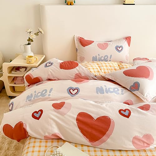 GETIYA Romantisch Herzen Bettwäsche 135x200 Baumwolle Bettbezug Damen Mädchen Rot Weiß Bettwäsche Herz Muster Wendebettwäsche Einzelbett mit Reißverschluss und 1 Kissenbezug 80x80