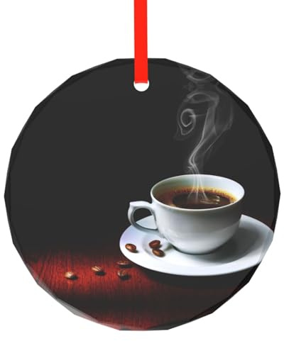 YZHYWJFF Pendentif rond en verre imprimé café chaud avec grain de café, décoration d'arbre de Noël