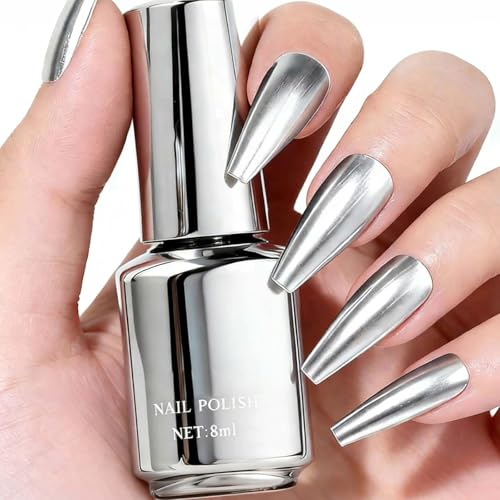 Silver Chrome Nail Polish, Highly Saturated Metallic Varnish, Quick Dry & Long-Lasting, No UV Lamp Needed, Cold-Tone Skin-Whitening Effect, Nail Art for Holiday, Party, Wedding Manicure