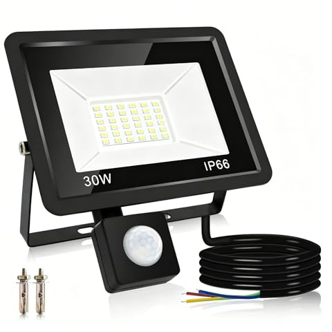 30W Focos LED Exterior con Sensor Movimiento, 2700LM Blanco Frío 6500K Super Brillante Foco LED Exterior, Proyector IP66 Impermeable, Iluminación de Exterior Seguridad para Jardín, Garaje, Patio