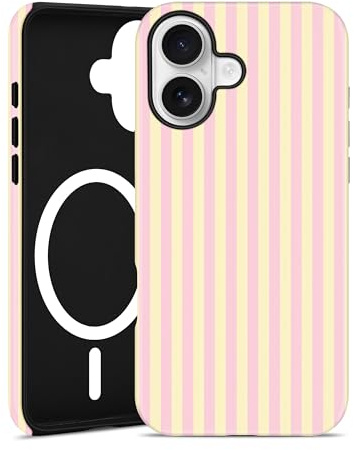 Jusy Custodia magnetica a righe per iPhone 15 Plus, rosa giallo | Compatibile con MagSafe, grazioso design estetico a righe, TPU e PC protettiva antiurto