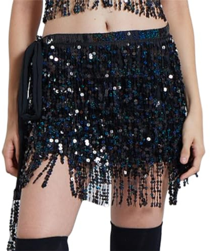 QG ltd Dance Belly Dance Dancer Costume Sequin Tassel Fringe Hip Scarf Belt Waist Wrap Skirt (Black)