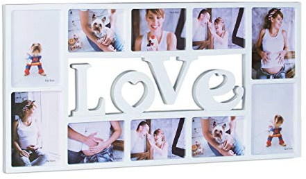 Relaxdays Bilderrahmen Collage LOVE, Fotorahmen 10 Bilder, Wandgalerie für Fotocollagen, HBT: 36,5 x 72 x 2 cm, weiß
