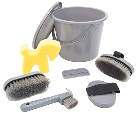Pfiff 102361 Putzset, verschließbarer Putzeimer gefüllt, Putzbox Pferdepflege, Grau
