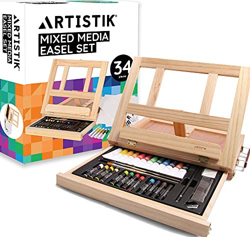 Artistik Mixed Media Easel Art Set – 34-Pc Wooden Desktop Easel Box Paint Set with Acrylic Paints, 3 Canvas Boards & Oil Pastels – Beginners & Artists Painting Kit