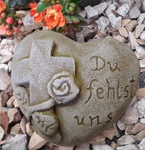 Radami Grabherz Herz Spruch - Du fehlst Uns - Grabschmuck Dekoherz Steinguss Antik hell Patina weiß