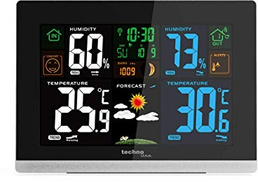 Technoline WS 6462 Funkwetterstation, Innentemperatur, Außentemperatur, Luftfeuchte, Luftdruck, Tendenzanzeige, Taupunkt, Farbdisplay, Funkuhr, Mondphasen Hochglanz-schwarz/mit Batterie