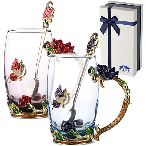 BTaT- Tazas de té de cristal floral, paquete de 2, tazas de té de flores para mujer, tazas de té elegantes, tazas de té de cristal, tazas de té de flores, tazas de té de flores, regalo de San Valentín