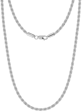 LeCalla Solid 925 Sterling Silver Italian 2 MM, 3 MM Diamond-Cut Braided Rope Chain Necklace for Men Women with Lobster Claw Clasp, Made in Italy (18, 20, 22, 24, 26 Inches)