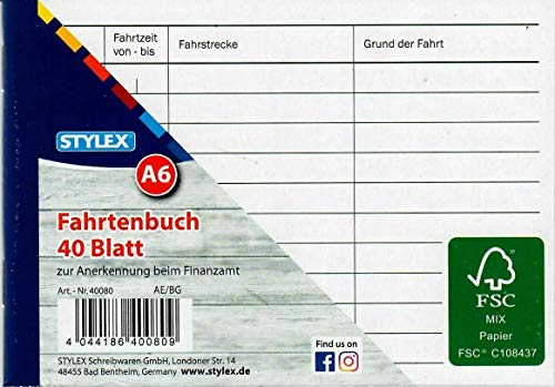 12 Fahrtenbücher DIN A6 Stylex Fahrtenbuch 40 Blatt
