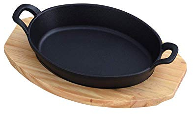 Piatto Teppanyaki Padella Quadrata Rotonda in Ghisa e Base in Legno con Manico Accessori per la Cucina Domestica e Cucina Ideale per Grigliare Carne, Pesce e Frutti di Mare