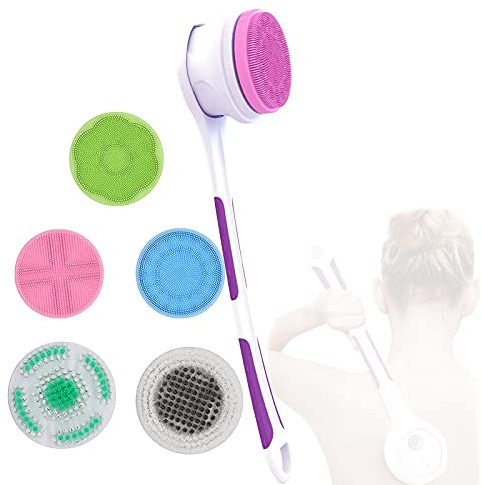Körperbürste Elektrisch Rückenbürste Dusche mit Langem Stiel, Elektrische Badebürste Rückenbürste zum Eincremen und Duschen, 5 in 1 IPX7 Wasserdichter Körperbürste
