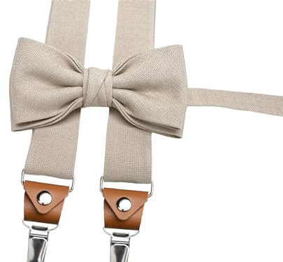 LINILI Leinen Fliege und Hosenträger SET für Herren, Fliege Bereits gebunden und verstellbar, Hosenträger einstellbar - Handgefertigt in EU- Farbe: Beige