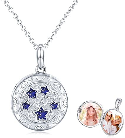 Medaljong kedja dam sterling silver 925 stjärna halsband amulett medaljong runt hänge att öppna för bilder foton, stjärna smycken presenter till flickvän kvinna flicka barn