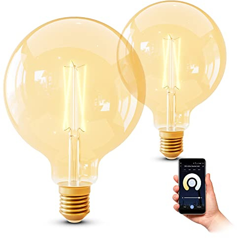SSC-LUXon 2er Pack smart E27 Vintage Globe Filament LED Lampe kompatibel mit Alexa & Google - WLAN Glühbirne dimmbar CCT 2200-5500K | Zwei smarte Filament-Glühbirnen E27 im Globe-Design - per App & Sprache steuerbar, WLAN 2,4GHz ohne Hub, dimmbar 2200-5500K