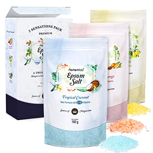 Nortembio Sales de Epsom Pack Regalo 3 Fragancias Jazmín, Canela y Coco 3 x 180g | Magnesio Natural con Vitaminas C y E | Baños Relajantes, Spa, Hidratación + E-Book Gratis