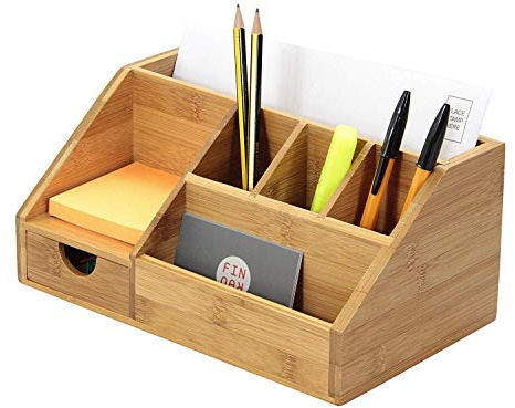 Demeuble Schreibtisch-Organizer aus Bambus, für Schule, Kunstbedarf, Multifunktions-Fernbedienung, Aufbewahrungsbehälter, Fächer, Heimbüro-Organizer