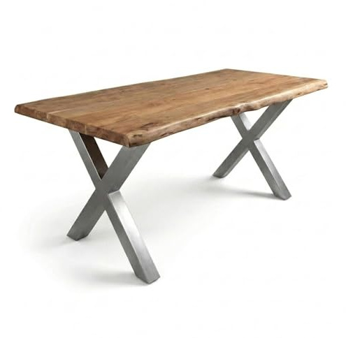 SAM Esstisch Cali 200x100 cm Akazie Natur Baumkante X-Gestell Silber | Baumkantentisch massiv, Akazienholz naturfarben, 50 mm Tischplatte, Esszimmertisch, Industrial-Design