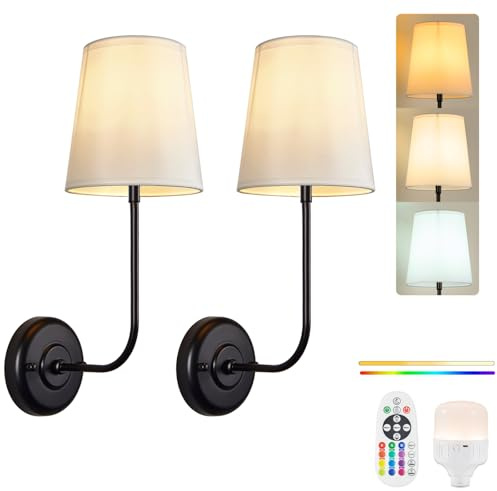 PASSICA DECOR Battery Operated Wall Sconces Set of Two, Wireless Wall Lights for Bedroom, Dimmable Wall Lamps with Rechargeable LED Bulbs and Remote Control, No Hardwired