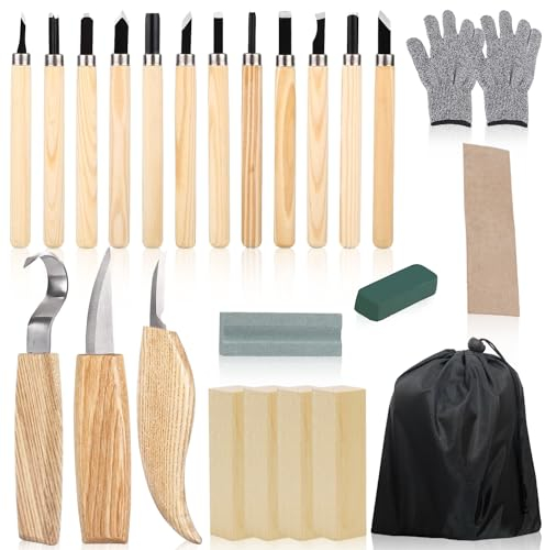 RobLuX Schnitzwerkzeug 23 PCS Schnitzset mit Schnittfeste Handschuhe Ölwachs Holz Professional Schnitzwerkzeug Set mit Schleifsteine für Anfänger Und Profis