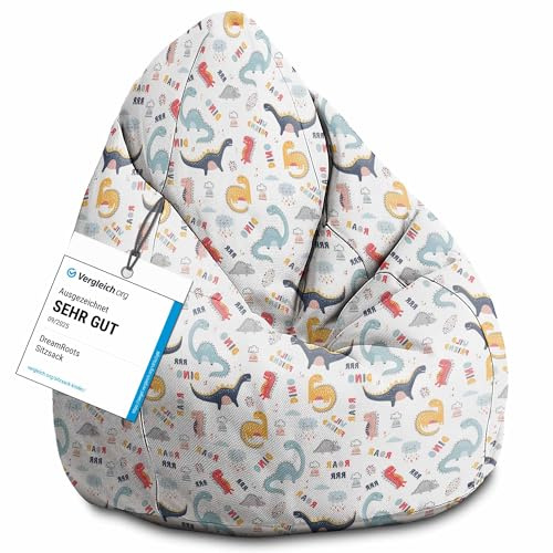DreamRoots Sitzsack Kinder 80x80x120, Funny Kids Dinosaurs | Bean Bag Kinder mit Lehne, Hocker & Bezug, Sitzkissen Boden, Bubibag, mit Füllung, Kinderzimmer