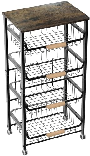 NiuYichee 5-Layer Fruit Basket Kitchen Food Organizer and Rack, Stackable Storage Cart with Desktop, Pull-Out Hollow Metal Basket, Wheeled Sorting Rack Spice Rack, Black