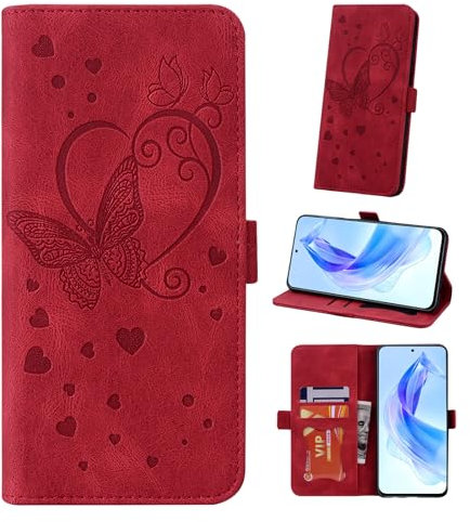 Auslbin Case Compatible with Honor 90 Lite 5G 6.7, Butterfly PU Leather Mobile Flip Cover with Wristband for Honor 90 Lite 5G CRT-NX1, Red