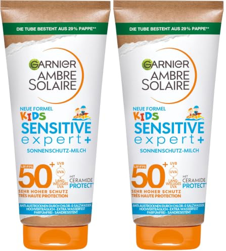 Garnier Sonnenschutzmilch mit LSF 50+ für Kinder, Sonnencreme mit sehr hohem Sonnenschutz, Anti-Austrocknung der Haut, Ambre Solaire Kids Sensitive expert+, 1 x 175 ml (Packung mit 2)