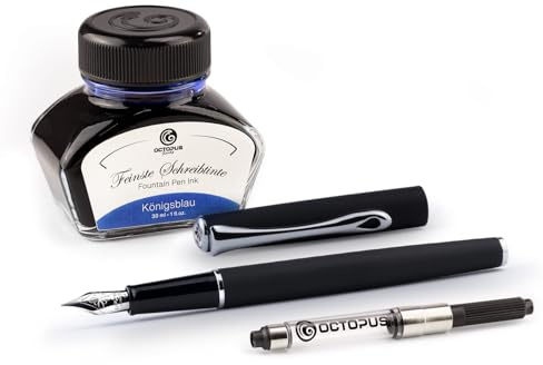 Diplomat Traveller Füllhalter-Set Schwarz matt, Tinte und Konverter | Metallfüllhalter mit Edelstahlfeder M, 30 ml Octopus Tinte Königsblau und Tintenkonverter
