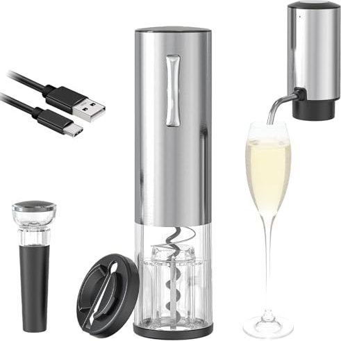 Juego de abridor de vino eléctrico, abridor de botellas recargable y decantador de vino, tapón de vino, cortador de papel de aluminio, juego de regalo 4 en 1, utilizado para mantener el vino fresco
