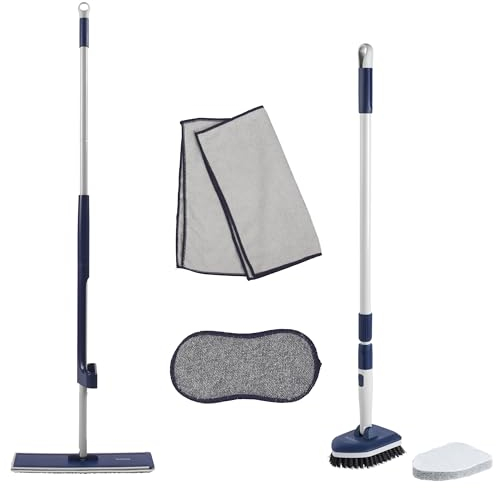 Beldray COMBO-9164 Deep Clean Bathroom & Surface Cleaning Set – Flat Mop with Built-In Wringer, Dual-Sided Pad, Tub & Scrub Brush with Extendable Handle & Pointed Edge for Corners, 2 Microfibre Cloths