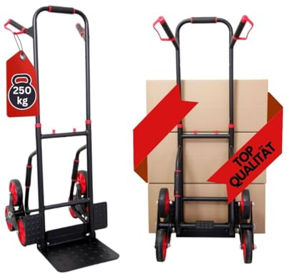 PROREGAL Klappbarer Profi-Treppensteiger Taurus 250 | HxBxT 115x52x63cm | Traglast 250kg | Stahlrahmen, ergonomische Griffe, TPR-Gummiräder | Rot-Schwarz | Sackkarre Transportkarre Staplerkarre