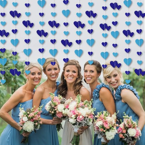 QeeFop Papier Girlande, 52Ft Blau Herz Hochzeit Deko Doppelseitig Metallisches Papier Hängende Girlande für Hochzeit, Geburtstag, Brautparty