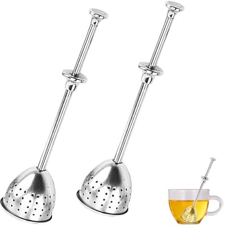 MytaYt 2 Stücke Teefilter mit Langem Griff, Dreieckiges Teesieb Edelstahl Teesieb Mit Langem Griff 304 kann durch Hoch- und Herunterdrücken des Ideal für losen Tee und gemahlene Gewürze