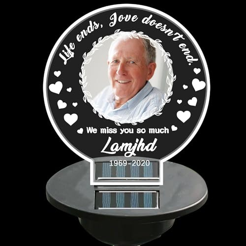 Certykllp Lampes solaires d'extérieur commémoratives personnalisées avec nom de la photo - Décoration de tombe - Cadeaux de condoléances pour la perte d'un être cher en mémoire (A-Round -1)