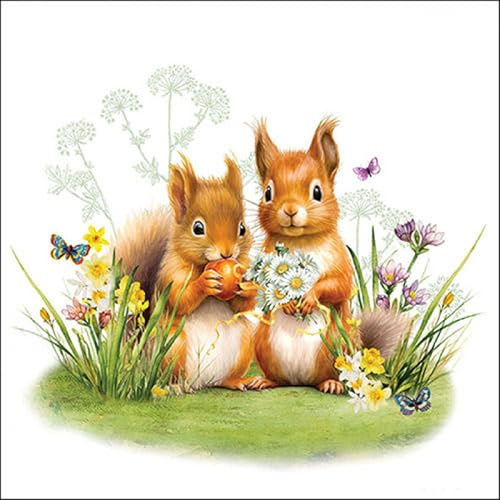 20 Servietten Tiere Eichhörnchen-Paar an Blumen als Tischdeko. Papierservietten mit Motiv. Auch für Decoupage und Serviettentechnik 33x33cm