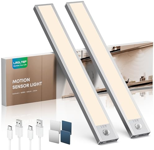 LROLTEF Schrankbeleuchtung Küche Led Lampe mit Bewegungsmelder 21cm 4000K | 1500mAh Unterbauleuchte Schranklicht mit Sensor, Dimmbar Aufladbar Magnetische Treppenlicht Vitrinenbeleuchtung, 2 Stück