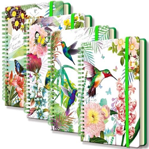Spiral Notizbuch A5, 4 Pack Spiralbindung Liniert 160 Seiten Ringbuch Set | Hardcover Spiralblock mit Gummiband Frauen Geschenk Schulkolleg Arbeit Zuhause zu Tagebuch, Verschiedene Muster
