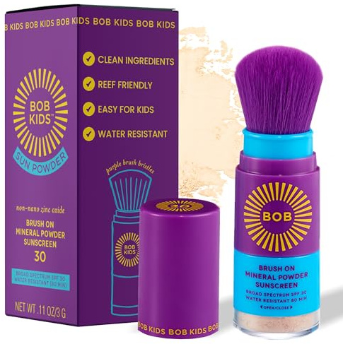 BOB KIDS SPF 30 Brush On Mineral Powder Sunscreen, Broad Spectrum Protection, Water Resistant 80 Mins, Fragrance Free, Easy to Apply for Kids & Babies, Mfg in USA