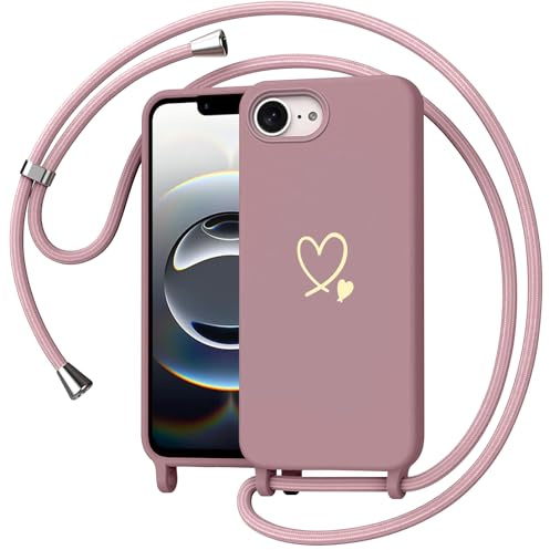 Yichxu Handyband für iPhone 16e/17e Hülle mit Band, Herz Design Necklace Handyhülle zum Umhängen Kordel, Stoßfest Schutzhülle mit Kette, Weich TPU Liquid Silikon Case für iPhone 16e/17e, Rosa