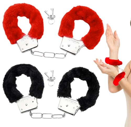 2 Paar Metall Handschellen mit Schlüssel Set, Plüsch Handschellen für Sexspiele, Cosplay Kostümzubehör Kinder Spielzeug für Kostümball Party Valentinstagsgeschenk,handcuffs for intime (Pink&Schwarz)
