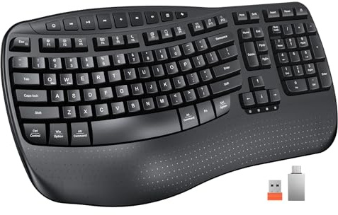MEETION Wireless Ergonomic Keyboard, Wave Keys Firm Wrist Rest for Natural Typing, 2.4G USB-A Cordless Receiver and USB-C Adapter, Ergo Computer Keyboard Compatible with Windows/Mac/PC/Laptop, Black