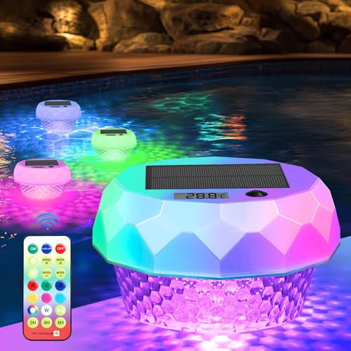 Carastek Lampe Piscine Solaire RGB LED avec Thermomètre et Télécommande - Étanche IP68 Flottante pour Jardin Baignoire Spa Aquarium Exterieur Décoration