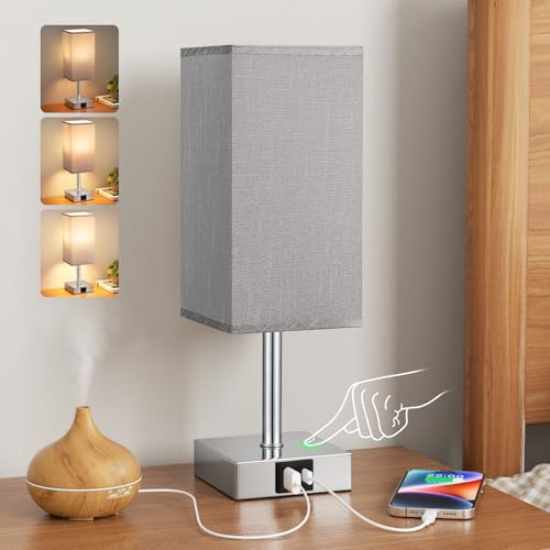 Aooshine Grey Bedside Lamp, Small Lamps with Square Fabric Shade,Silver Base(Bulb Included)