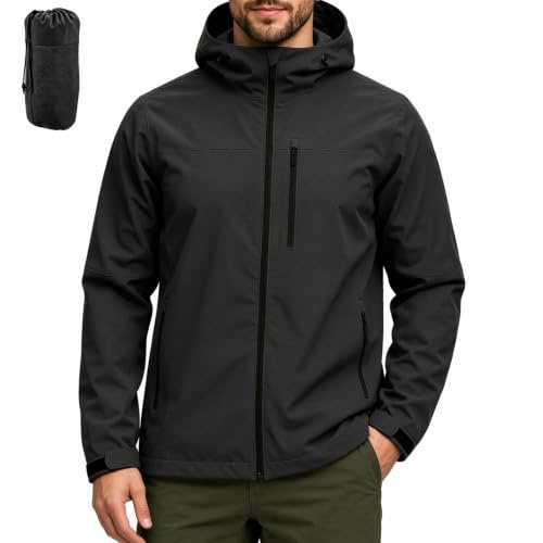 PYALT Veste de pluie pour hommes Imperméable et respirant Veste d'extérieur Veste fonctionnelle légère Veste de transition Veste coupe-vent pliable Vélo Manteau de pluie avec capuche Black L